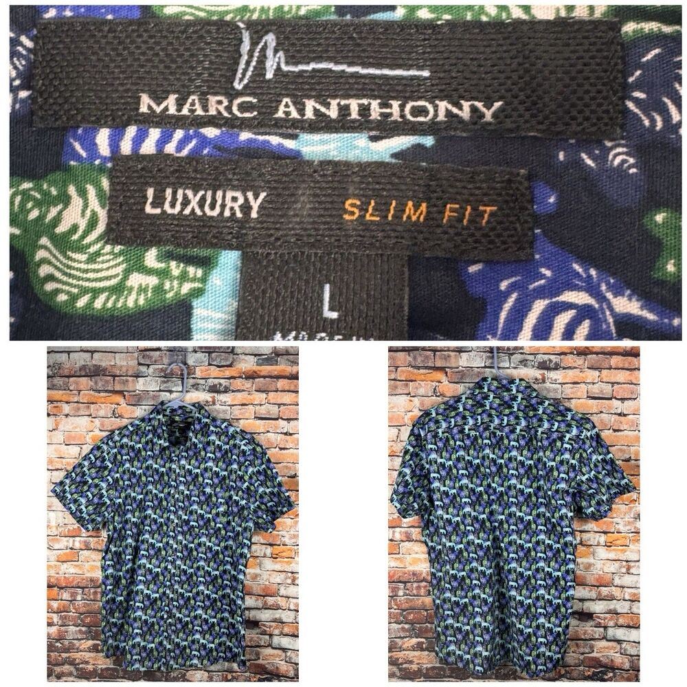 Marc Anthony Men's Large Luxury Slim Fit Zebra Print Blue Short Sleeve Shirt